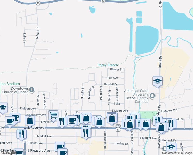 map of restaurants, bars, coffee shops, grocery stores, and more near 25 Overstreet Circle in Searcy