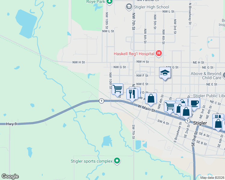 map of restaurants, bars, coffee shops, grocery stores, and more near 907 Northwest D Street in Stigler