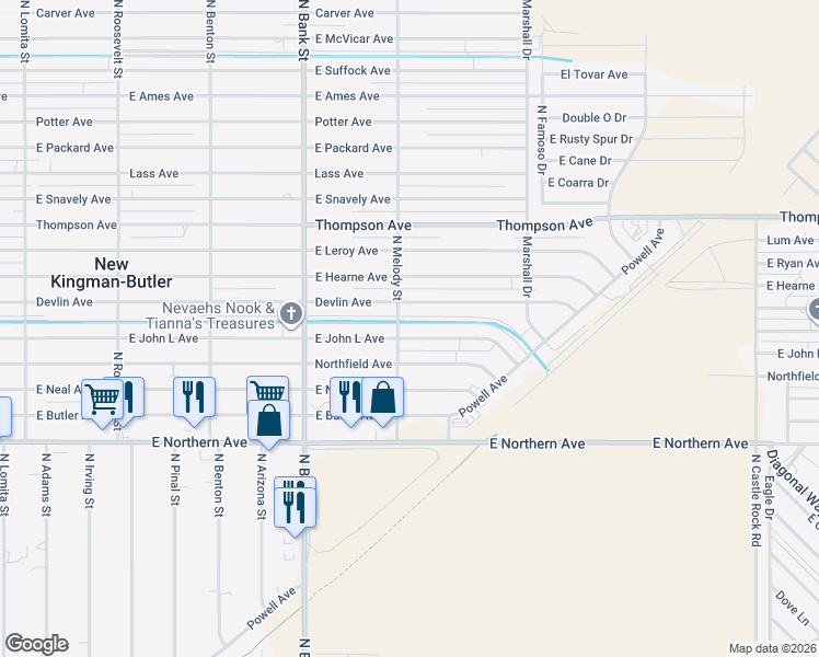 map of restaurants, bars, coffee shops, grocery stores, and more near 3135 East John L Avenue in Kingman