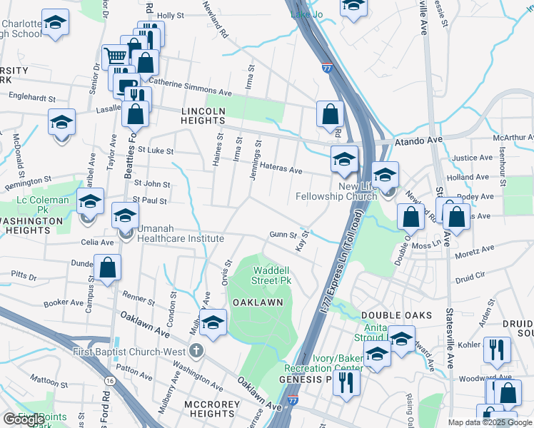 map of restaurants, bars, coffee shops, grocery stores, and more near 1532 Newcastle Street in Charlotte