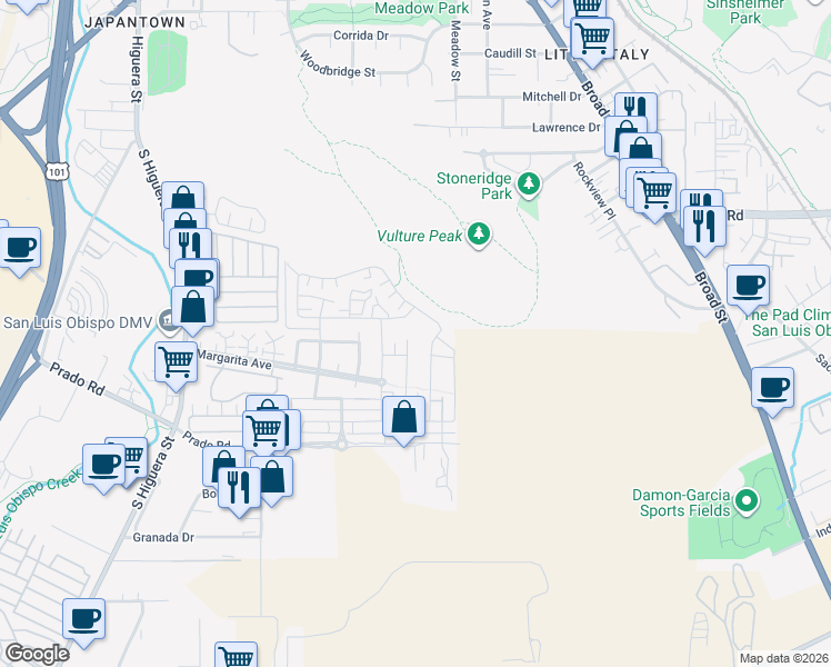 map of restaurants, bars, coffee shops, grocery stores, and more near 3173 Daisy Lane in San Luis Obispo