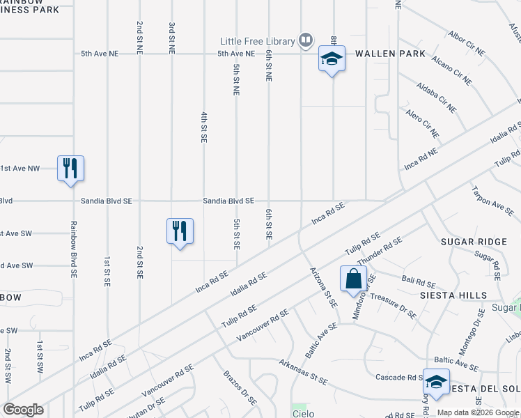 map of restaurants, bars, coffee shops, grocery stores, and more near 89 6th Street Southeast in Rio Rancho