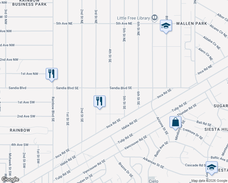 map of restaurants, bars, coffee shops, grocery stores, and more near 88 4th Street Southeast in Rio Rancho