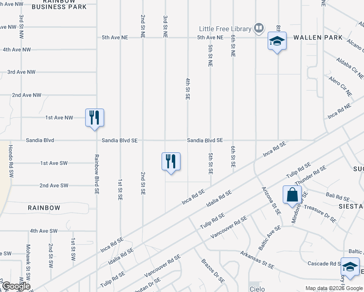map of restaurants, bars, coffee shops, grocery stores, and more near 89 4th Street Southeast in Rio Rancho