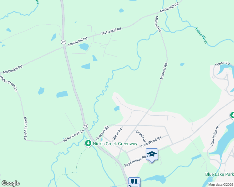 map of restaurants, bars, coffee shops, grocery stores, and more near 172 Mayfield Court in Whispering Pines