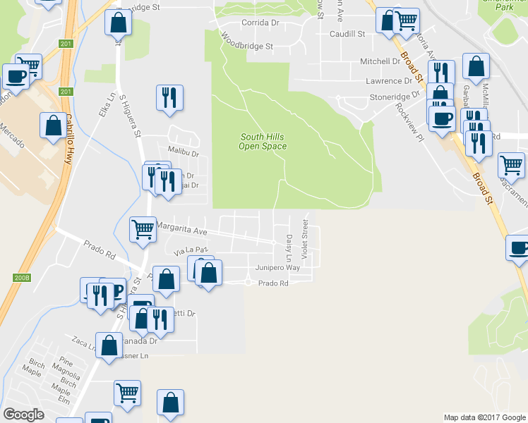 map of restaurants, bars, coffee shops, grocery stores, and more near 3105 Calle Jazmin in San Luis Obispo