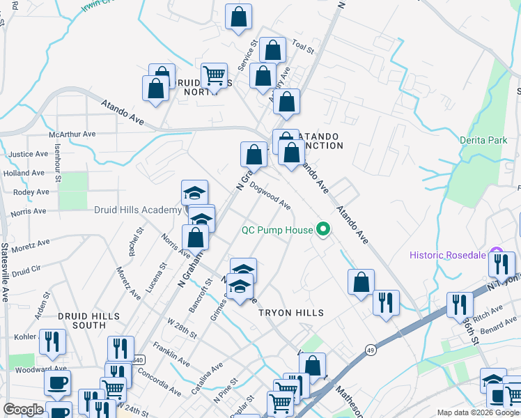 map of restaurants, bars, coffee shops, grocery stores, and more near 2914 Bancroft Street in Charlotte