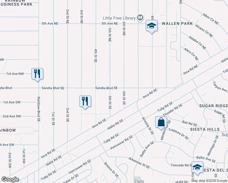 map of restaurants, bars, coffee shops, grocery stores, and more near 10 5th Street Southeast in Rio Rancho