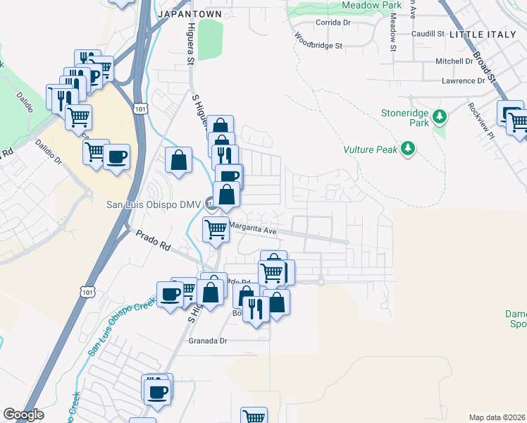 map of restaurants, bars, coffee shops, grocery stores, and more near 3135 Camellia Court in San Luis Obispo