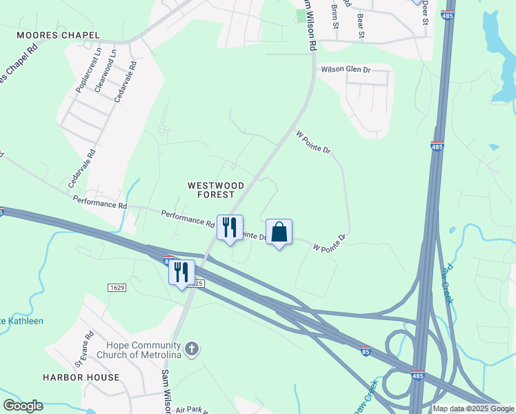 map of restaurants, bars, coffee shops, grocery stores, and more near 2409 Sam Wilson Road in Charlotte