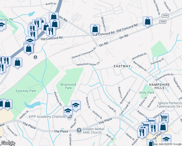 map of restaurants, bars, coffee shops, grocery stores, and more near 610 Cricketwood Lane in Charlotte