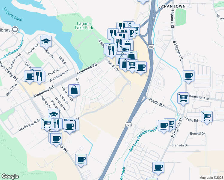 map of restaurants, bars, coffee shops, grocery stores, and more near 1035 Madonna Road in San Luis Obispo