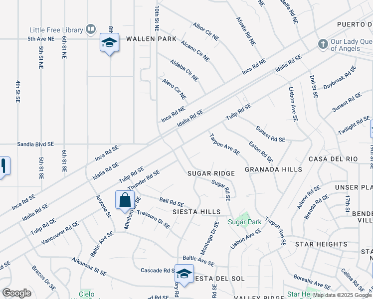 map of restaurants, bars, coffee shops, grocery stores, and more near 104 Sugar Ridge Loop Southeast in Rio Rancho