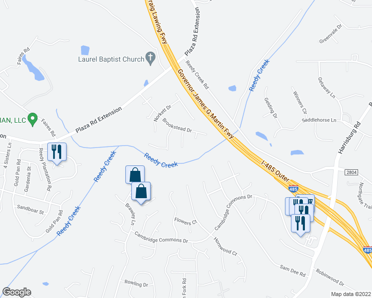 map of restaurants, bars, coffee shops, grocery stores, and more near 11604 Chadburn Ln in Charlotte
