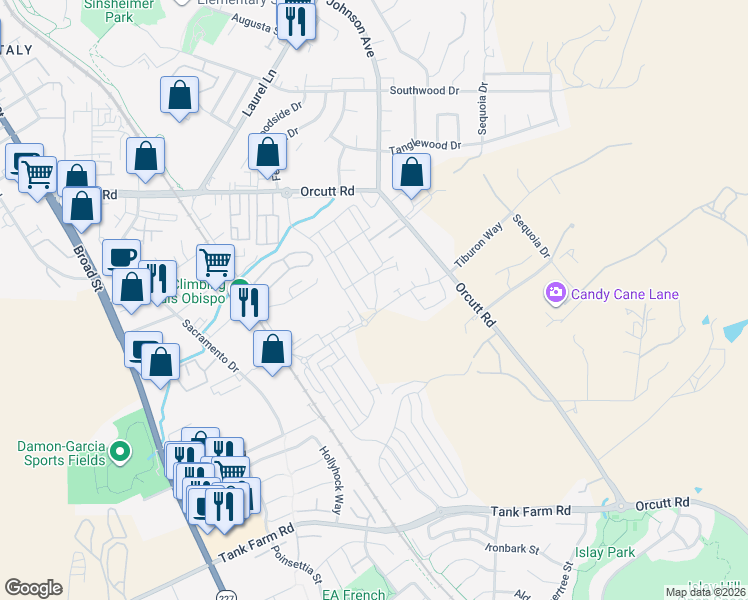 map of restaurants, bars, coffee shops, grocery stores, and more near 3816 Hatchery Lane in San Luis Obispo