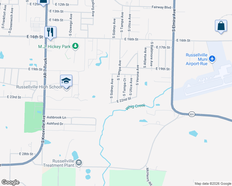 map of restaurants, bars, coffee shops, grocery stores, and more near 2112 South Tampa Avenue in Russellville