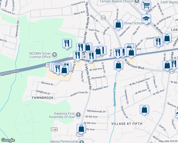 map of restaurants, bars, coffee shops, grocery stores, and more near 302 South Myrtle School Road in Gastonia
