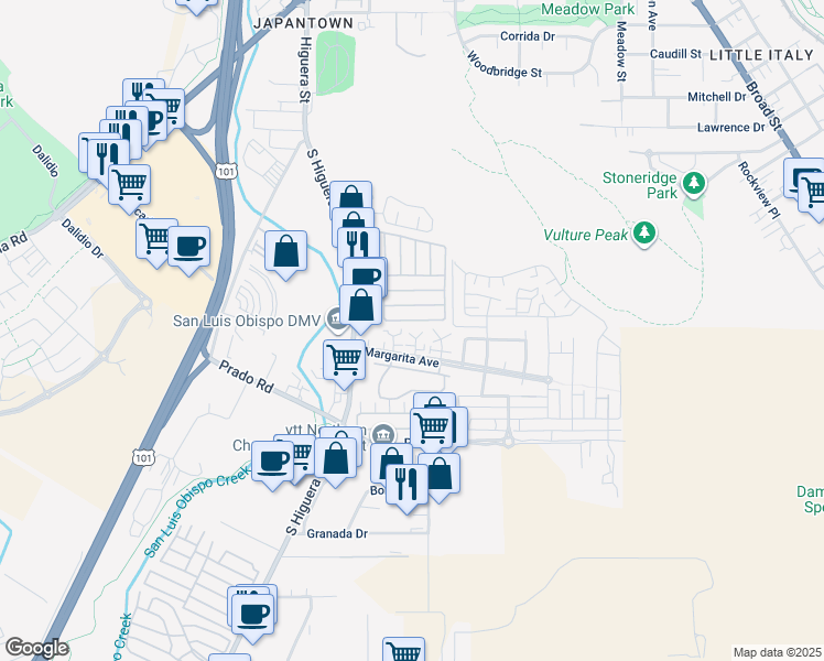 map of restaurants, bars, coffee shops, grocery stores, and more near 3135 Camellia Court in San Luis Obispo