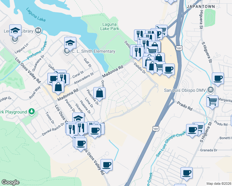 map of restaurants, bars, coffee shops, grocery stores, and more near 1752 Oceanaire Drive in San Luis Obispo