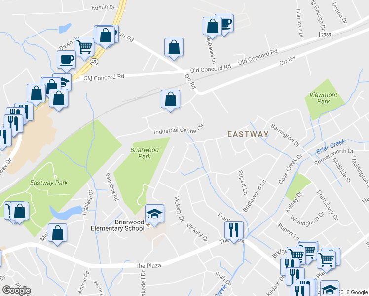 map of restaurants, bars, coffee shops, grocery stores, and more near 610 Cricketwood Lane in Charlotte
