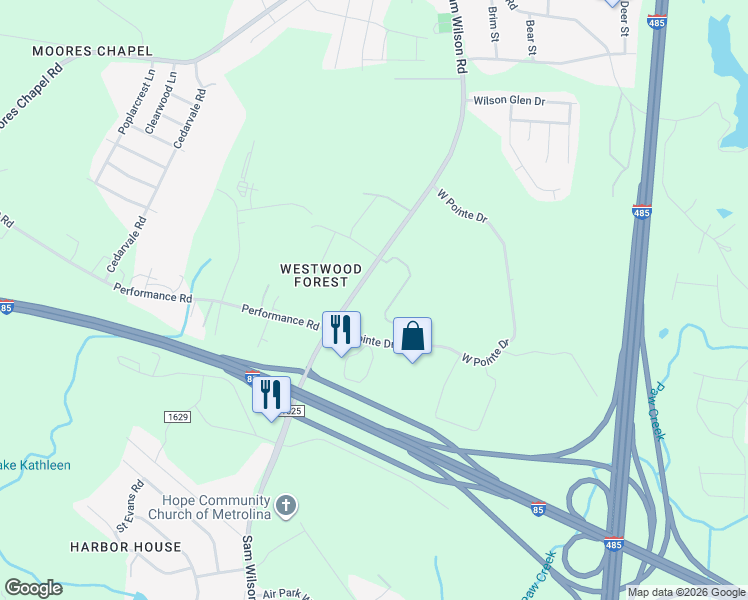 map of restaurants, bars, coffee shops, grocery stores, and more near 2409 Sam Wilson Road in Charlotte