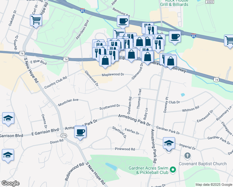 map of restaurants, bars, coffee shops, grocery stores, and more near 425 Dunham Road in Gastonia
