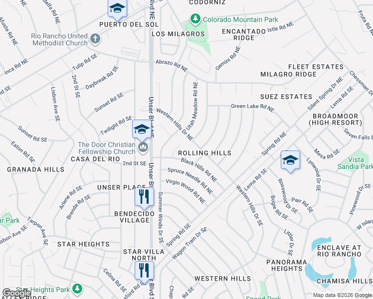 map of restaurants, bars, coffee shops, grocery stores, and more near 76 Umber Court Northeast in Rio Rancho