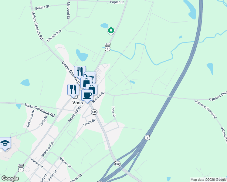 map of restaurants, bars, coffee shops, grocery stores, and more near 300-334 North Alma Street in Vass