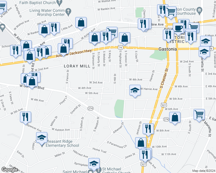 map of restaurants, bars, coffee shops, grocery stores, and more near 464 South King Street in Gastonia