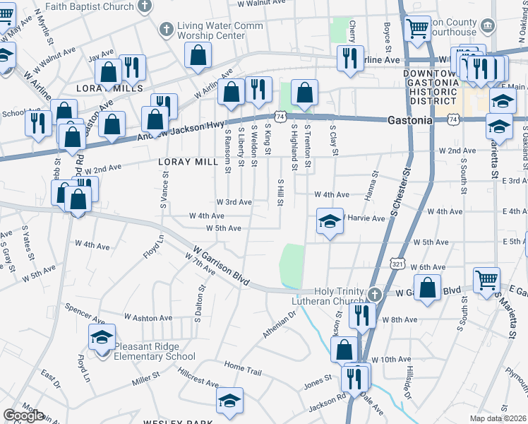 map of restaurants, bars, coffee shops, grocery stores, and more near 426 South Weldon Street in Gastonia