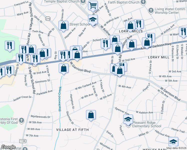 map of restaurants, bars, coffee shops, grocery stores, and more near 306 South Gray Street in Gastonia