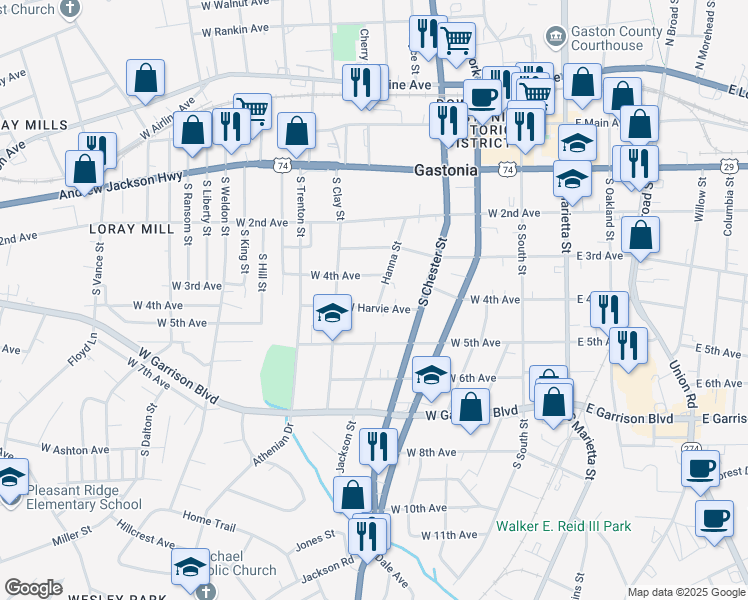 map of restaurants, bars, coffee shops, grocery stores, and more near 509 Hanna Street in Gastonia