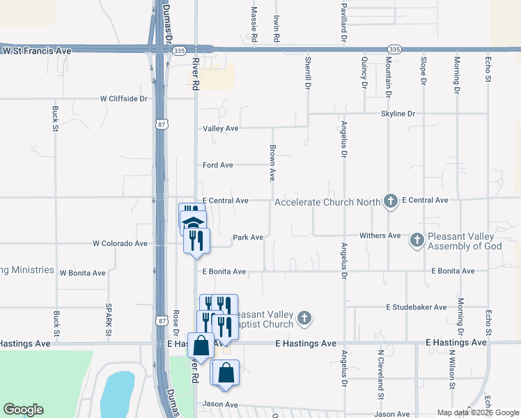 map of restaurants, bars, coffee shops, grocery stores, and more near 346 East Central Avenue in Amarillo
