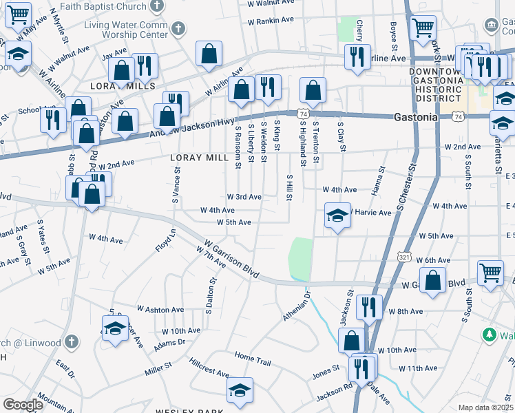 map of restaurants, bars, coffee shops, grocery stores, and more near 426 South Weldon Street in Gastonia