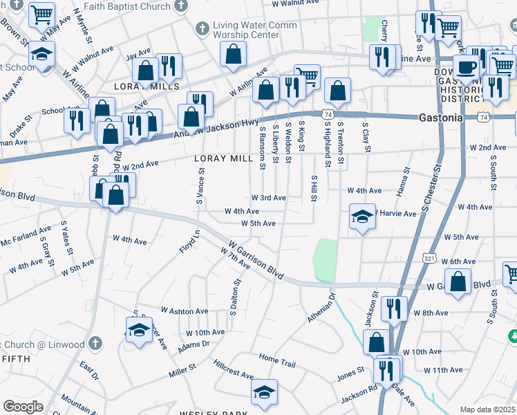map of restaurants, bars, coffee shops, grocery stores, and more near 1016 West 4th Avenue in Gastonia