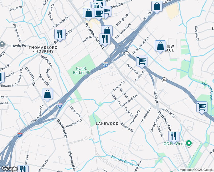 map of restaurants, bars, coffee shops, grocery stores, and more near 215 Halsey Street in Charlotte