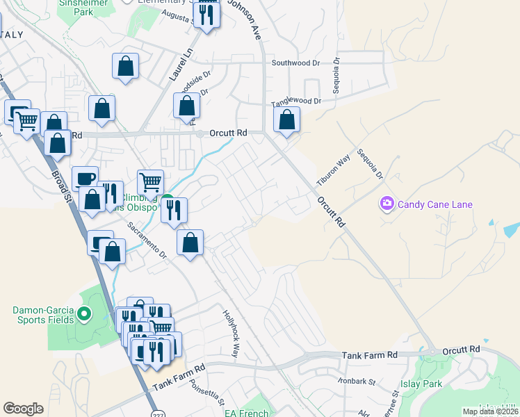map of restaurants, bars, coffee shops, grocery stores, and more near 3816 Hatchery Lane in San Luis Obispo