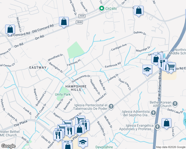 map of restaurants, bars, coffee shops, grocery stores, and more near 6701 Somersworth Dr in Charlotte