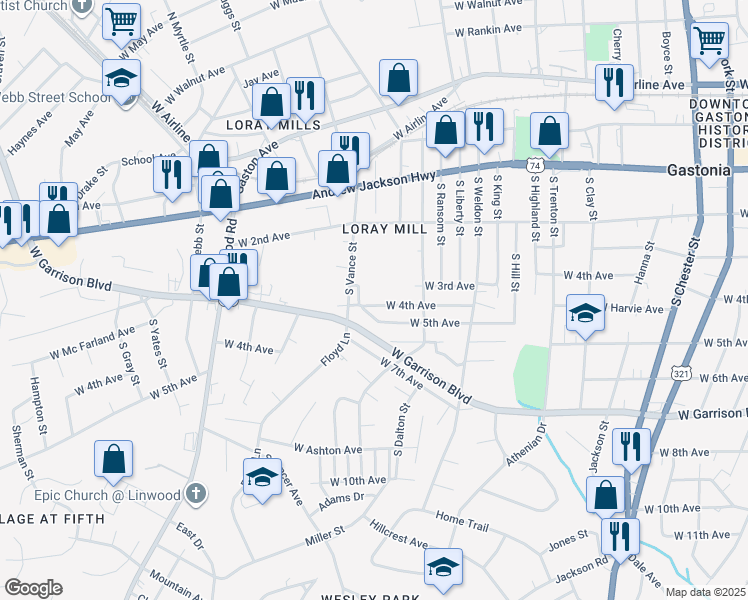 map of restaurants, bars, coffee shops, grocery stores, and more near 1120 W 4th Ave in Gastonia