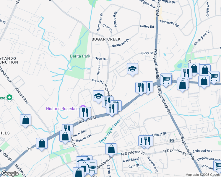 map of restaurants, bars, coffee shops, grocery stores, and more near 3805 Tiffany Rose Place in Charlotte