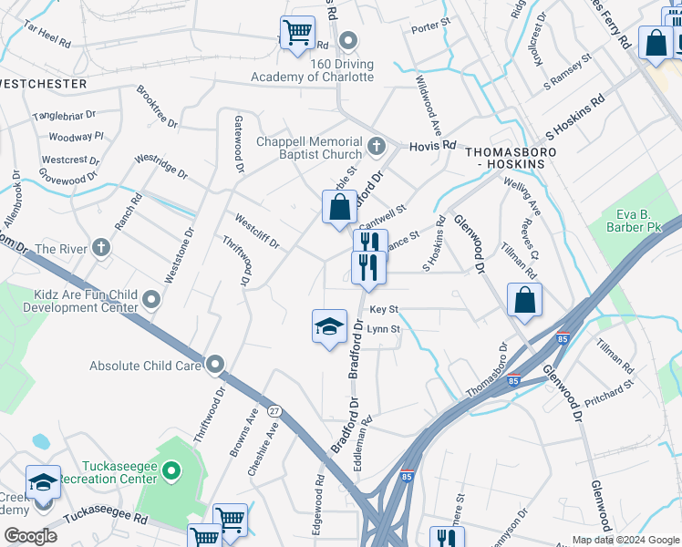 map of restaurants, bars, coffee shops, grocery stores, and more near 334 Bradford Drive in Charlotte