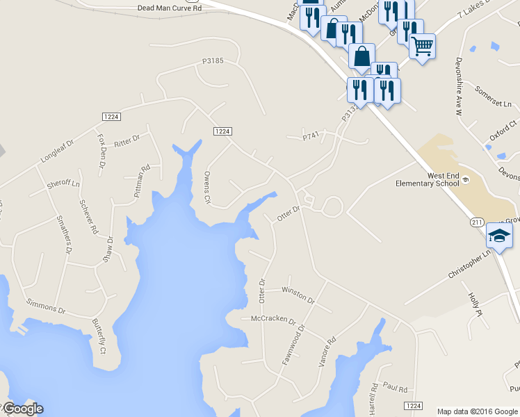map of restaurants, bars, coffee shops, grocery stores, and more near 230 Otter Court in Seven Lakes
