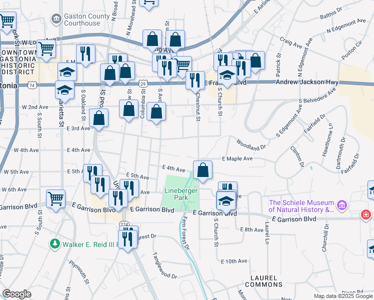 map of restaurants, bars, coffee shops, grocery stores, and more near 718 East Maple Avenue in Gastonia