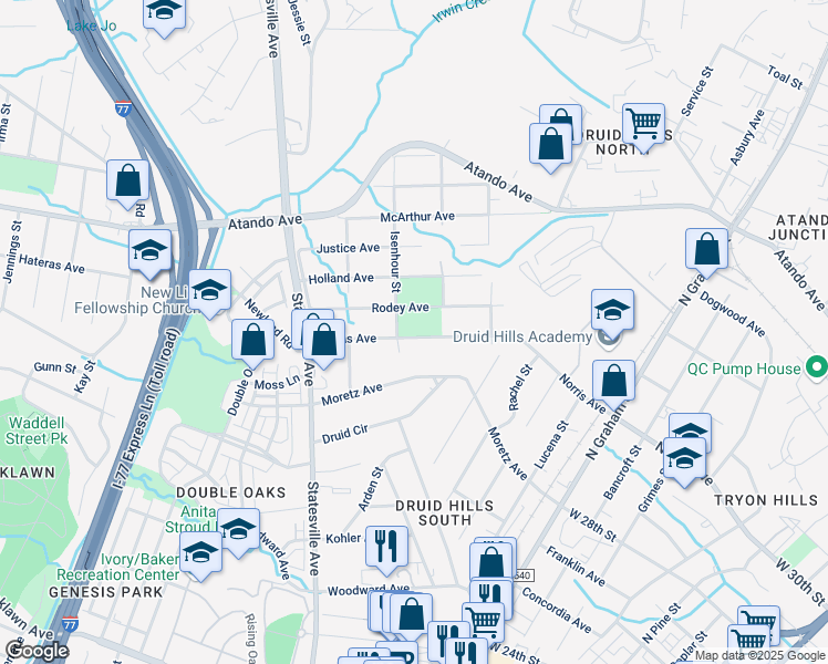 map of restaurants, bars, coffee shops, grocery stores, and more near 1424 Norris Avenue in Charlotte