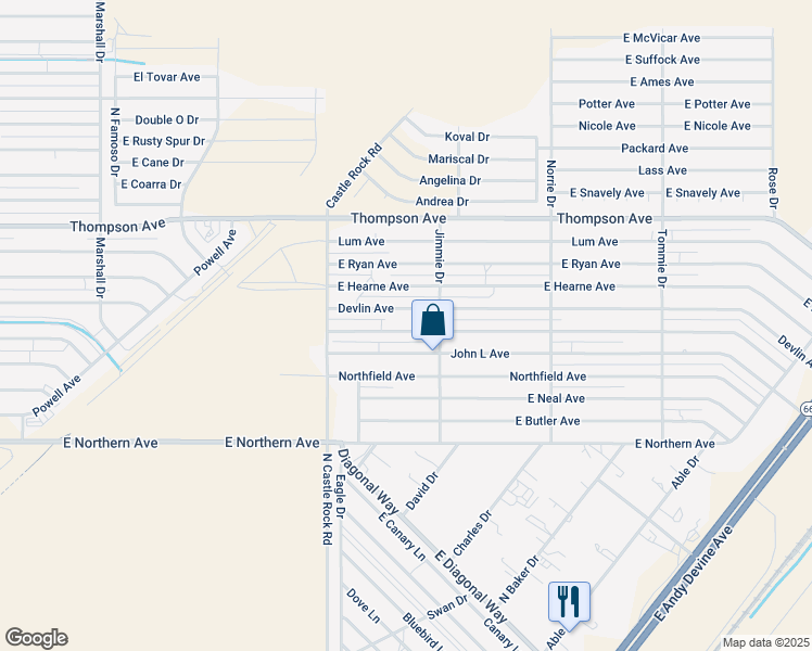 map of restaurants, bars, coffee shops, grocery stores, and more near 3585 East Shaeffer Avenue in Kingman