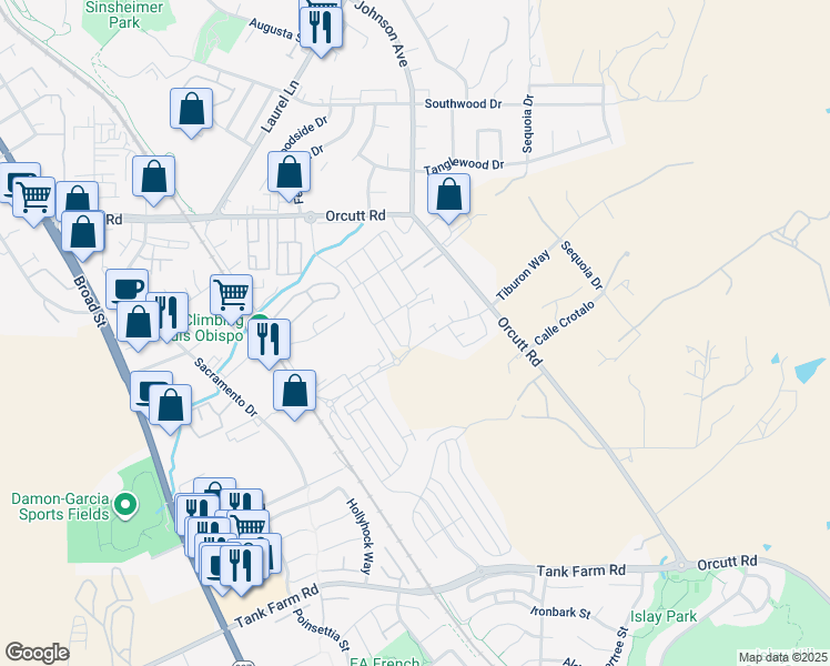 map of restaurants, bars, coffee shops, grocery stores, and more near 3893 Leghorn Court in San Luis Obispo