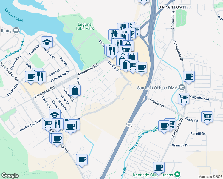 map of restaurants, bars, coffee shops, grocery stores, and more near 1035 Madonna Road in San Luis Obispo