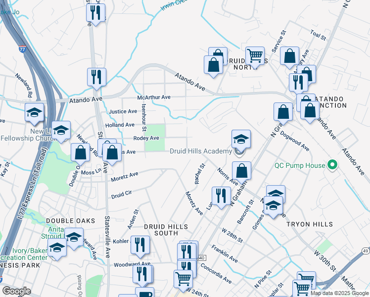 map of restaurants, bars, coffee shops, grocery stores, and more near 1231 Norris Avenue in Charlotte