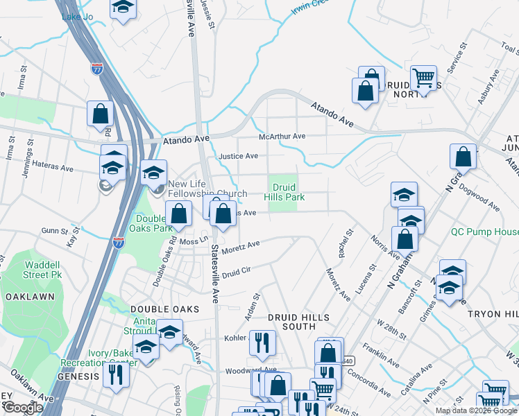map of restaurants, bars, coffee shops, grocery stores, and more near in Charlotte