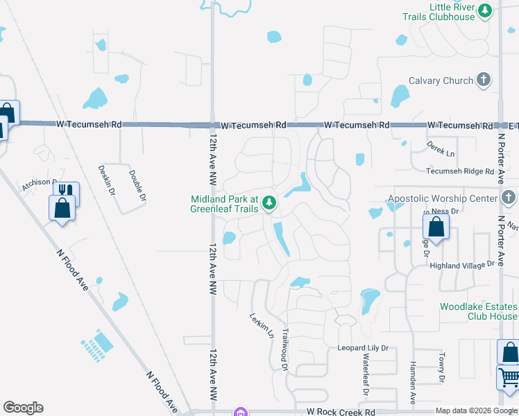 map of restaurants, bars, coffee shops, grocery stores, and more near 1005 Midland Valley Street in Norman